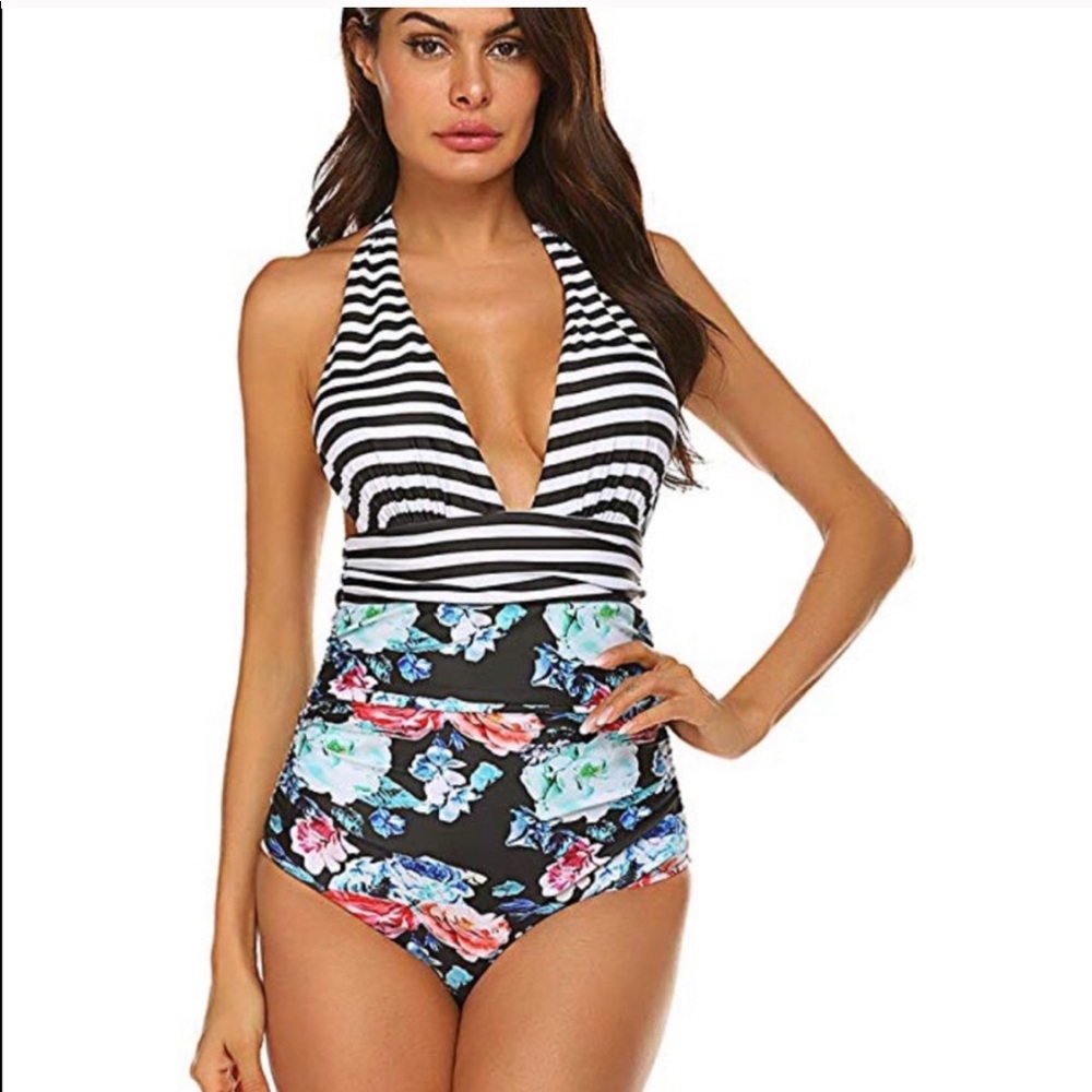 Halter One Piece Monikini High Waisted Swimsuit